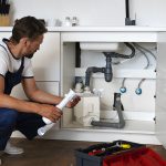 Plumber inspecting under-sink pipes and drainage system while diagnosing common kitchen plumbing problems.