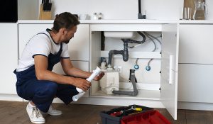Plumber inspecting under-sink pipes and drainage system while diagnosing common kitchen plumbing problems.