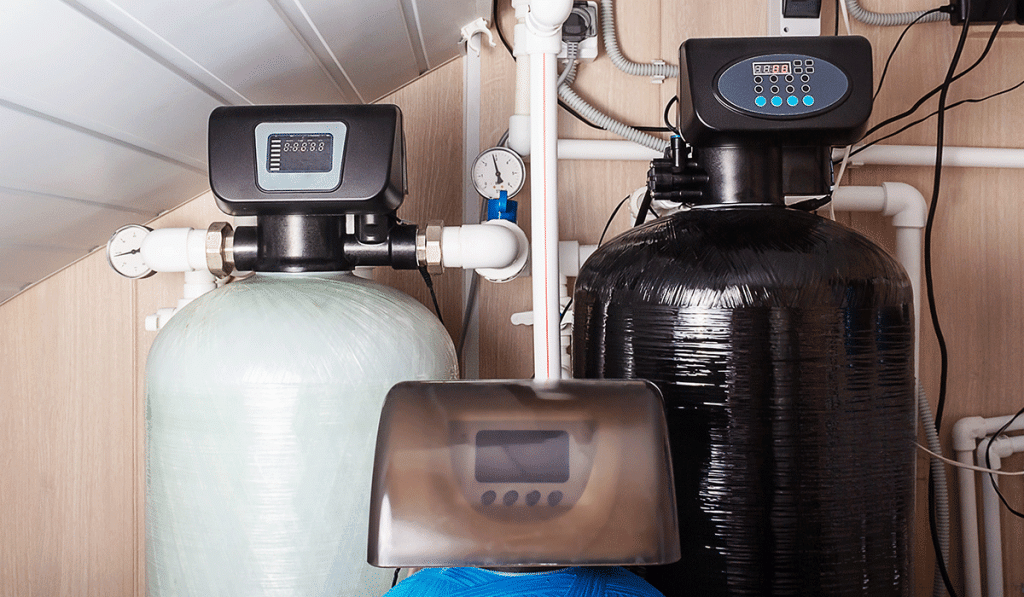 Residential water treatment setup showing dual tank water softener system with digital control heads and plumbing connections.