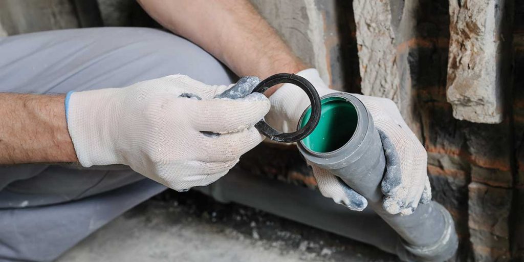 A professional plumber installs grey PVC pipes during a commercial drain installation service for a construction site in Noblesville, IN.